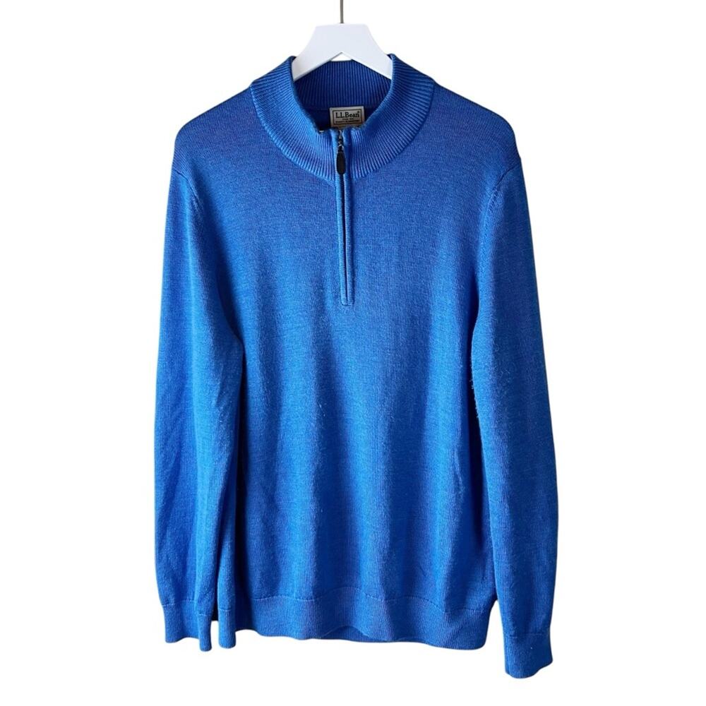 L.L.Bean men’s Sweater 100% Mernino Wool Blue Zip‎ Neck Long Sleeve Size L